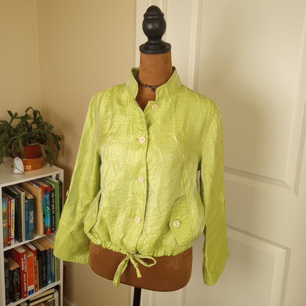 90s Lime Green Boho Whimsygoth Crinkle Jacket Rayon Blend Button Front Linear